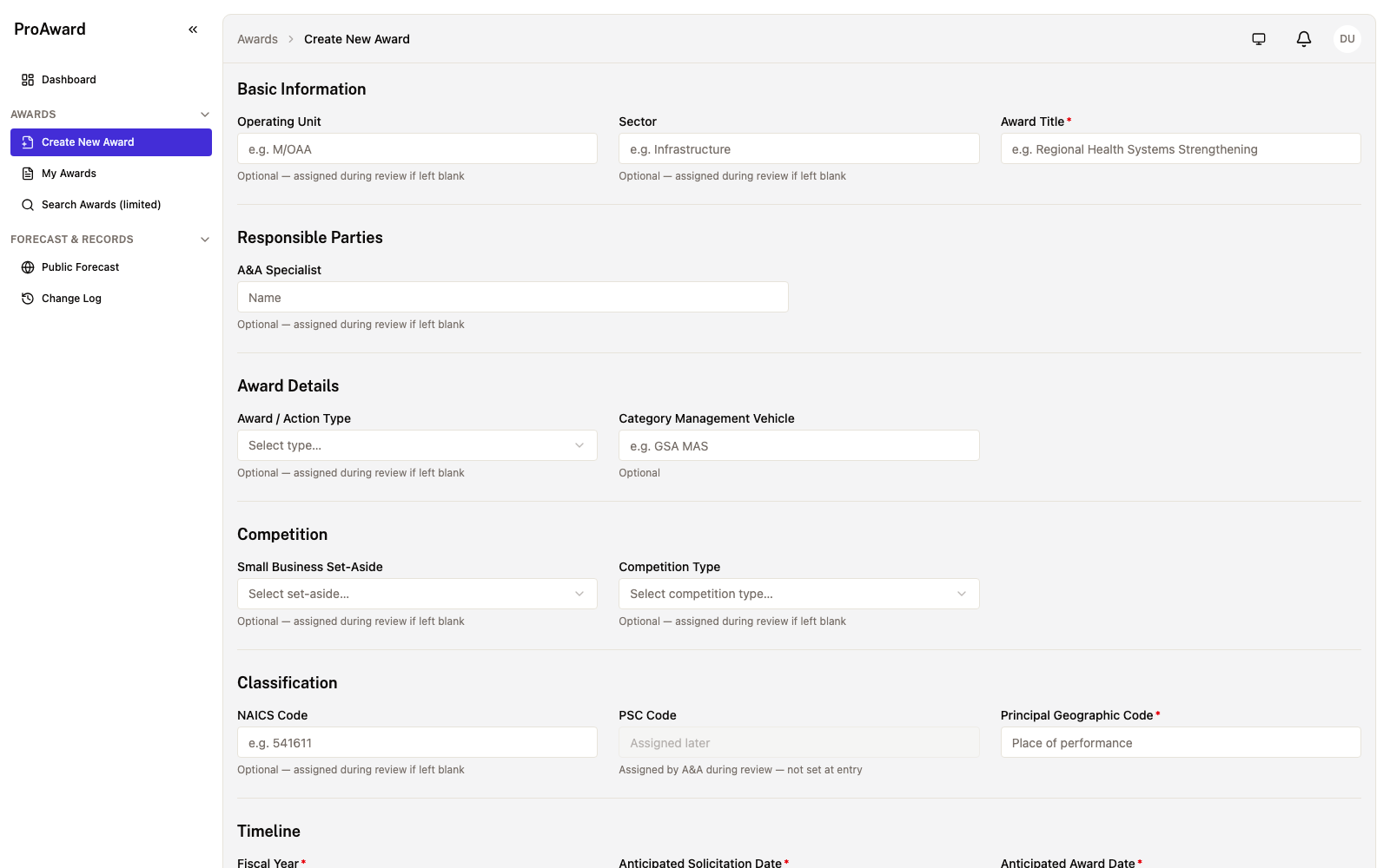 ProAward Award Entry form screen